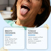 Close-up of a woman showing her tongue for breath freshness and tongue soothing products.