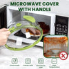 A clear microwave cover with a handle is shown being placed inside a microwave oven.