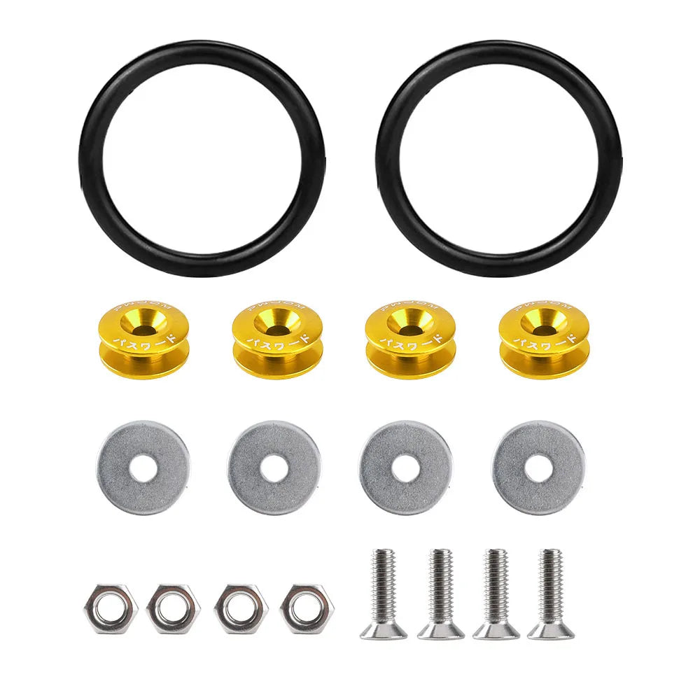 Kit of black and gold aluminum quick release bumper fasteners and various metal hardware components