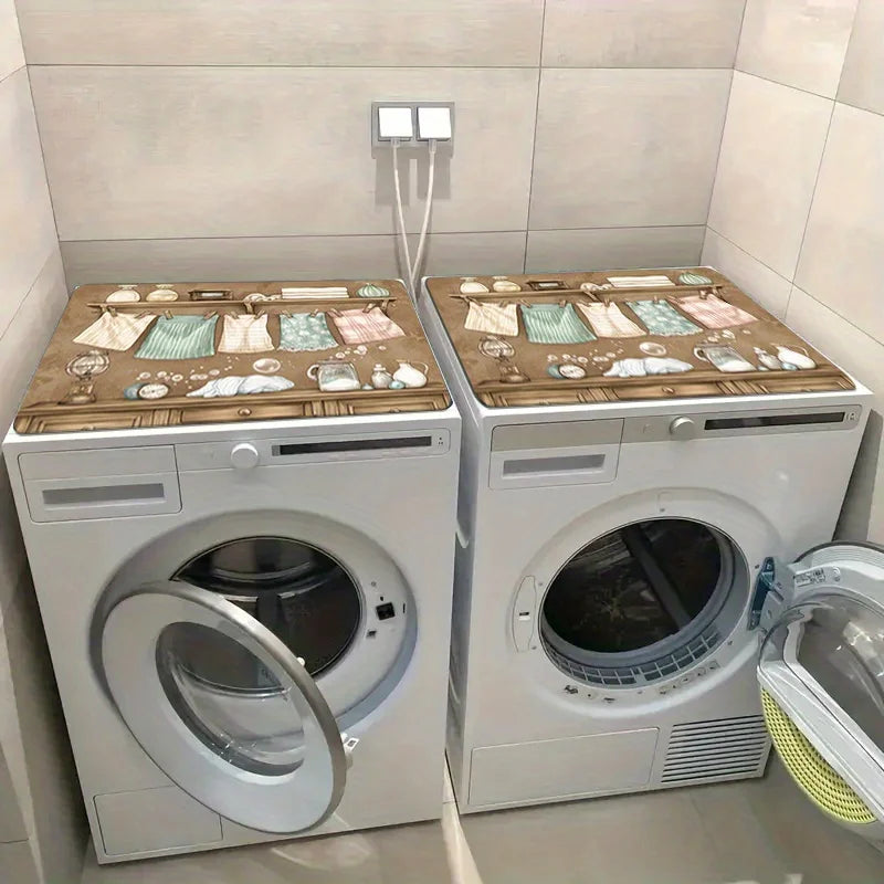 A white laundry room washer and dryer set with wooden top covers and non-slip protection.