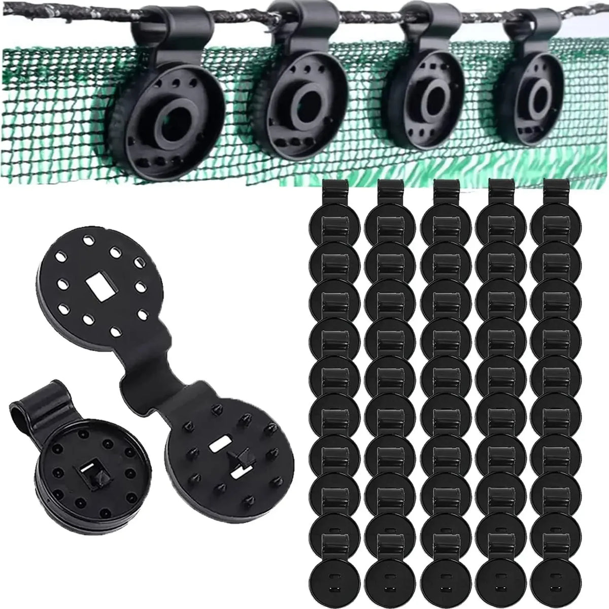 Black heavy-duty shade net clips arranged in a row for securing netting.