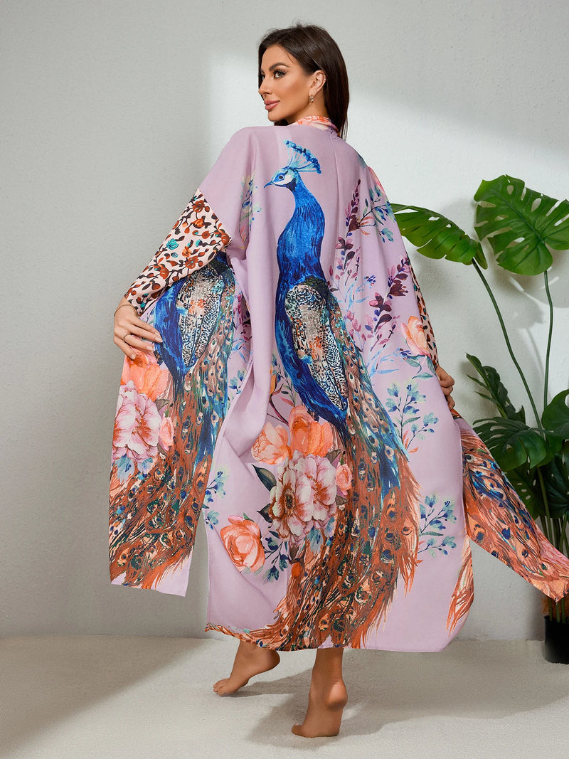 Peacock Print Beach Kimono Cover-Up