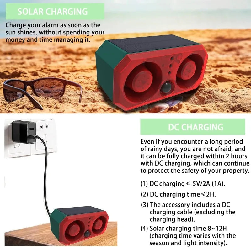 A solar-powered motion sensor alarm device shown in a red and green casing, with accompanying DC charging components.