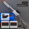 A greyish white double-barrel soft bullet toy rifle with a holographic sight and various elastic bullets.
