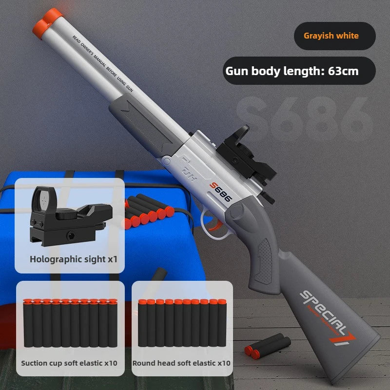 A greyish white double-barrel soft bullet toy rifle with a holographic sight and various elastic bullets.