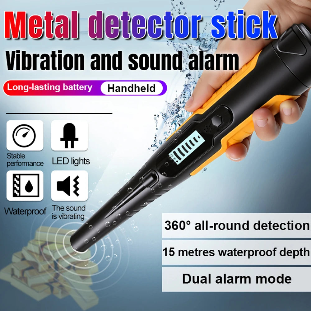 A hand holds a black metal detector stick with an orange grip, demonstrating its vibration and sound alarm features.