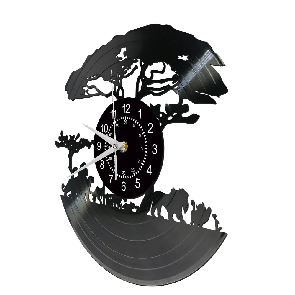 African Safari Cartoon Lion Vinyl Record Wall Clock – Silent Non-Ticking, 12-Inch Decor for Kids' Rooms and Playrooms
