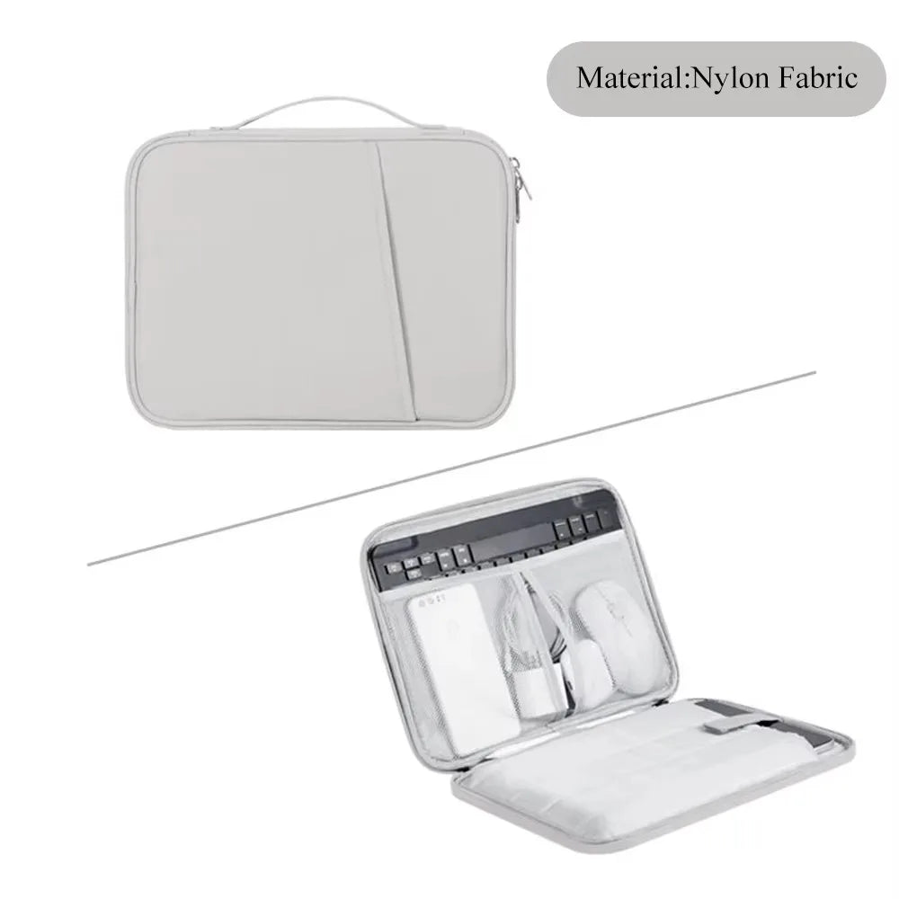A white nylon fabric padded laptop sleeve bag with a zippered closure.