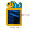 A yellow felt board featuring a blue fish cutout and a dark blue textured felt mat.