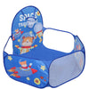 Blue foldable ball pit playpen with a space theme featuring astronaut and tiger characters.