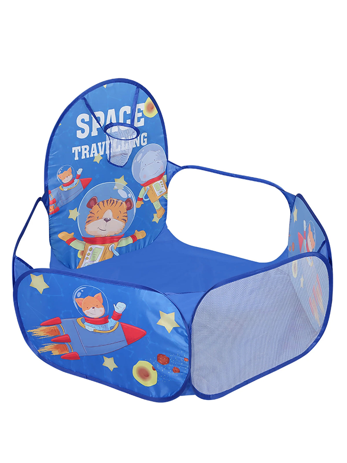 Blue foldable ball pit playpen with a space theme featuring astronaut and tiger characters.