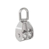 Heavy Duty Swivel Double Pulley Block made of 304 stainless steel with a metal hook.