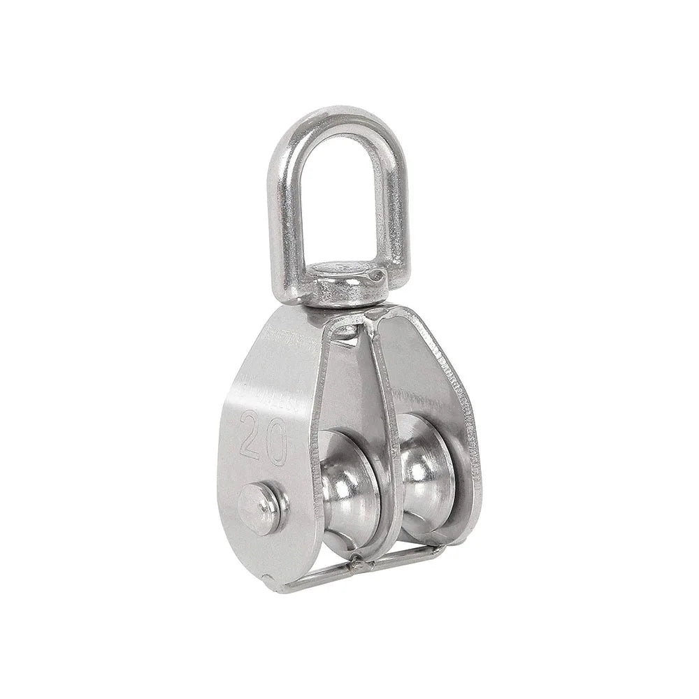 Heavy Duty Swivel Double Pulley Block made of 304 stainless steel with a metal hook.