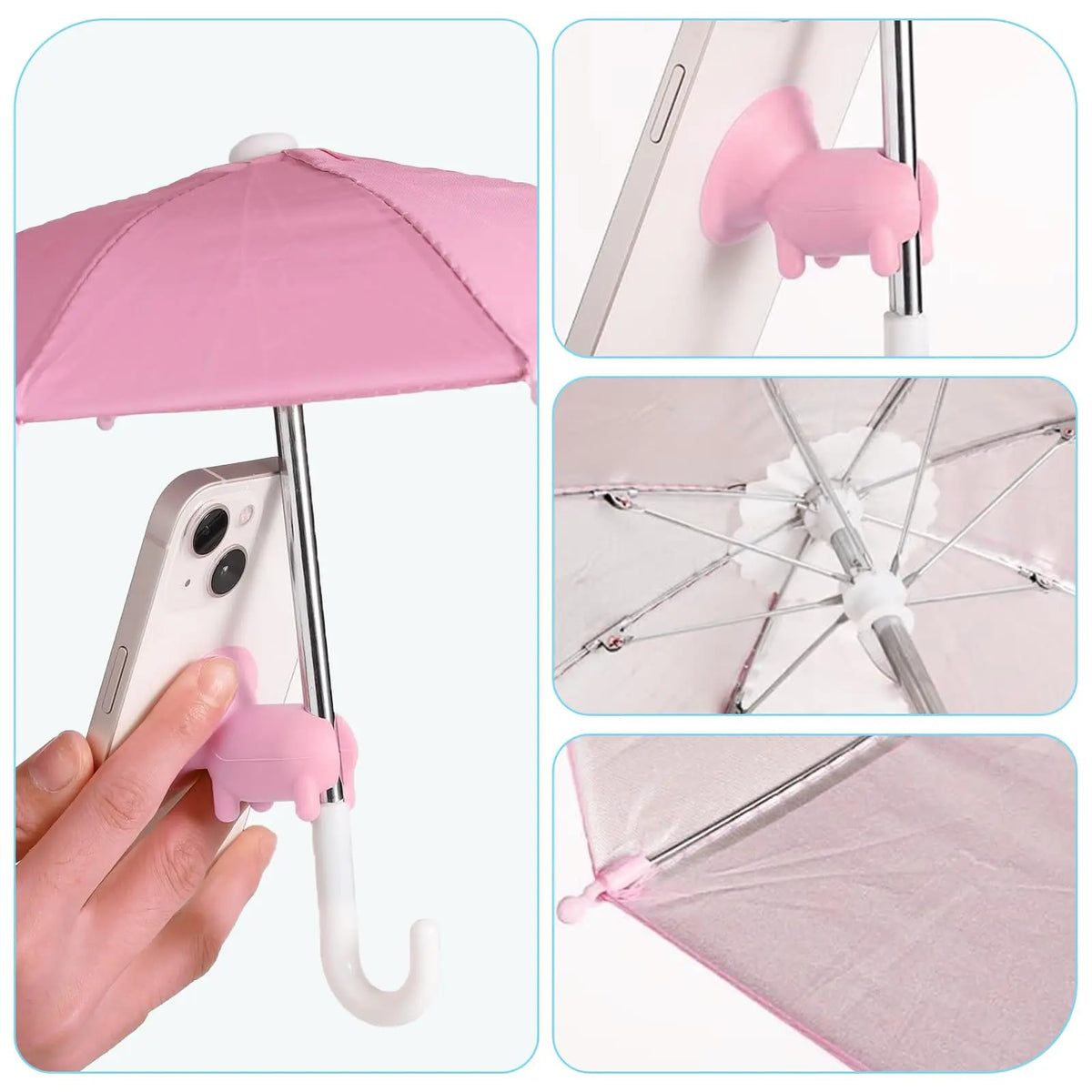 A pink suction cup phone umbrella stand showing various angles of the product.