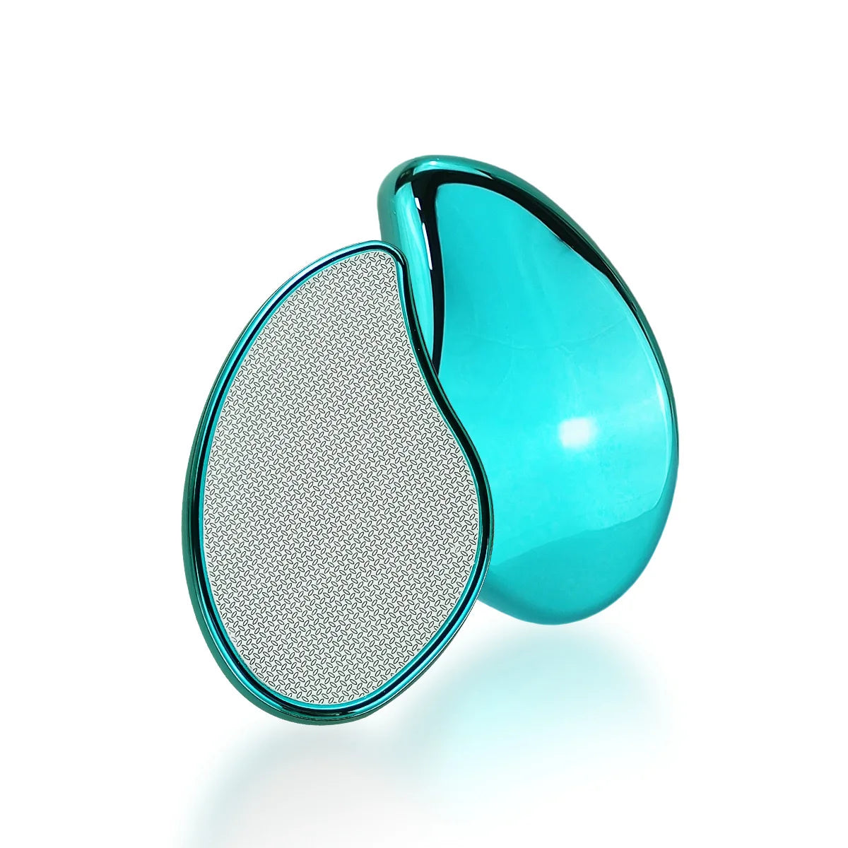 A teal-colored glass hair remover with a perforated silver surface is shown against a white background.