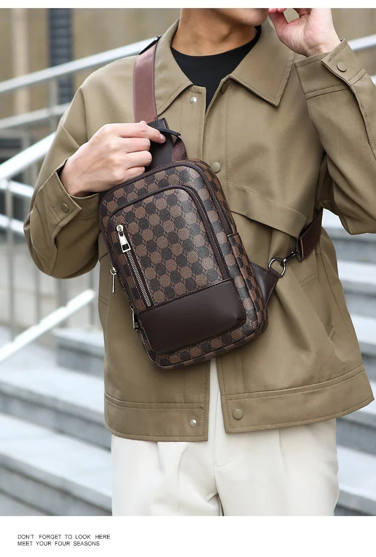 Men's Waterproof PU Leather Crossbody Bag with Geometric Pattern