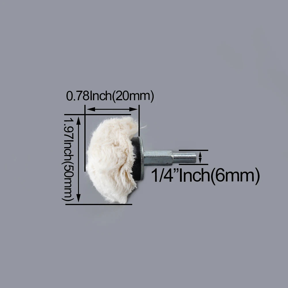 A white cotton polishing buffing wheel with a 1/4 inch shank shown against a gray background.