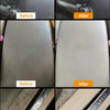 Before and after comparison of a car interior cleaner application on dashboard, door panel, and window trim.