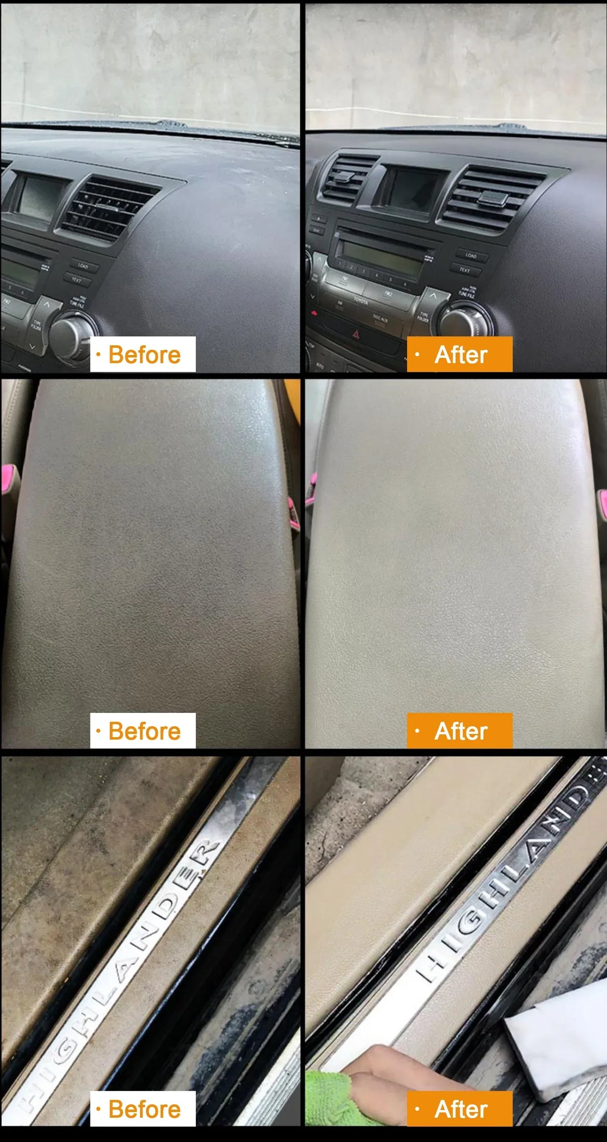 Before and after comparison of a car interior cleaner application on dashboard, door panel, and window trim.