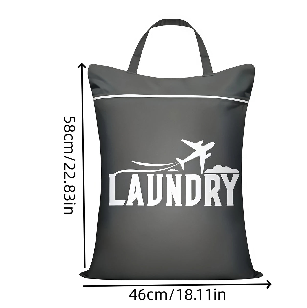 A black fabric laundry bag with the word LAUNDRY printed in white text on the front.