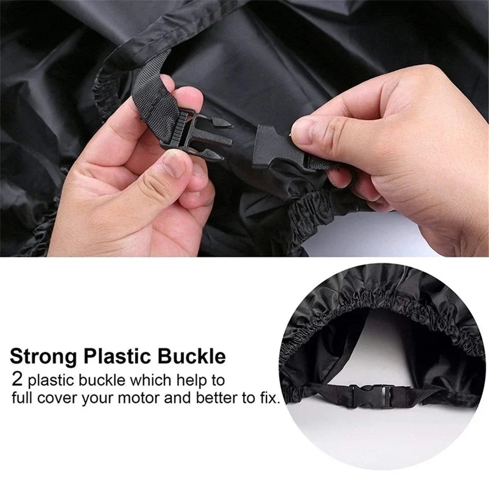 Close-up of a black plastic buckle used to secure an all-weather motorcycle cover.