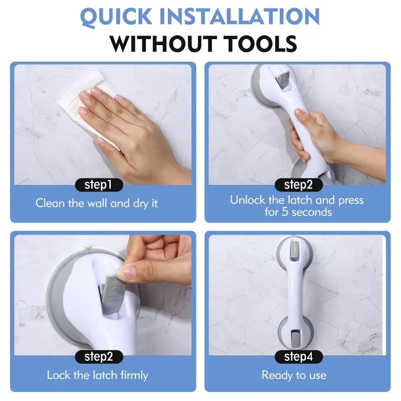Instructions for quick installation of vacuum suction grab bars, showing steps to clean the wall, unlock the latch, and lock 