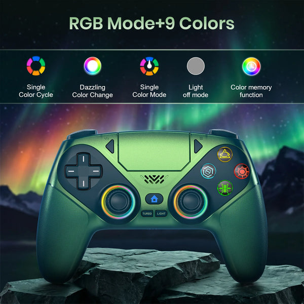 Un controlador inalámbrico LED RGB verde sobre una roca, mostrando varios modos de color.