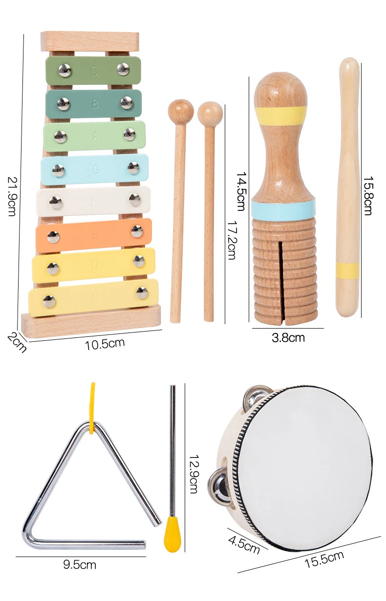 A set of wooden percussion instruments including a maraca, drumsticks, and a small mallet.
