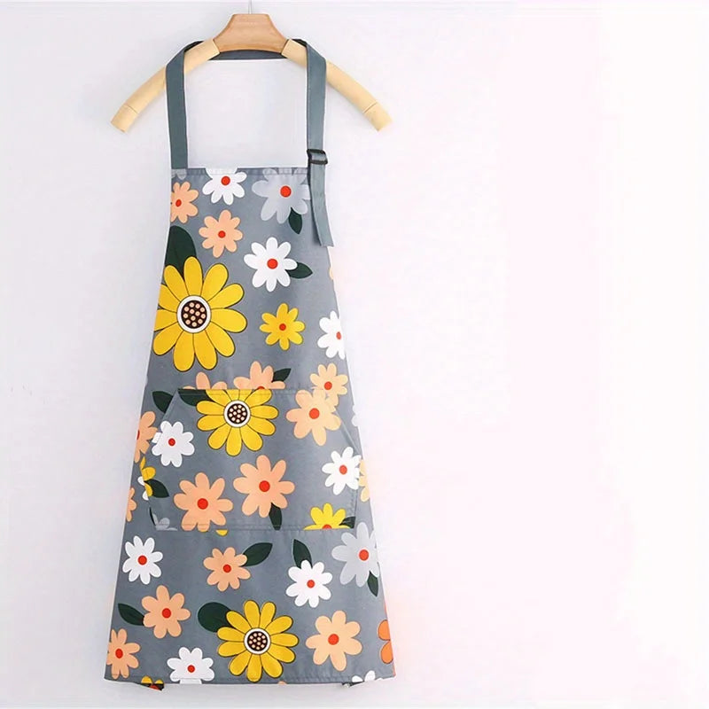 Gray floral print kitchen apron with adjustable neck strap and pockets