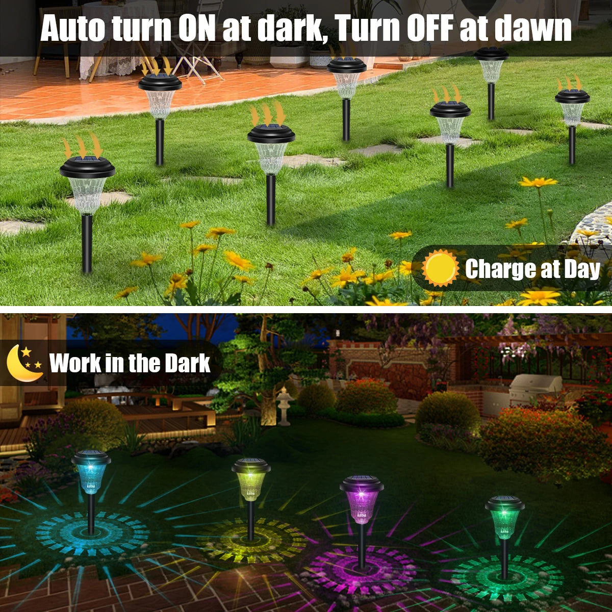 Solar-powered LED pathway lights illuminating a garden path at night and during the day.