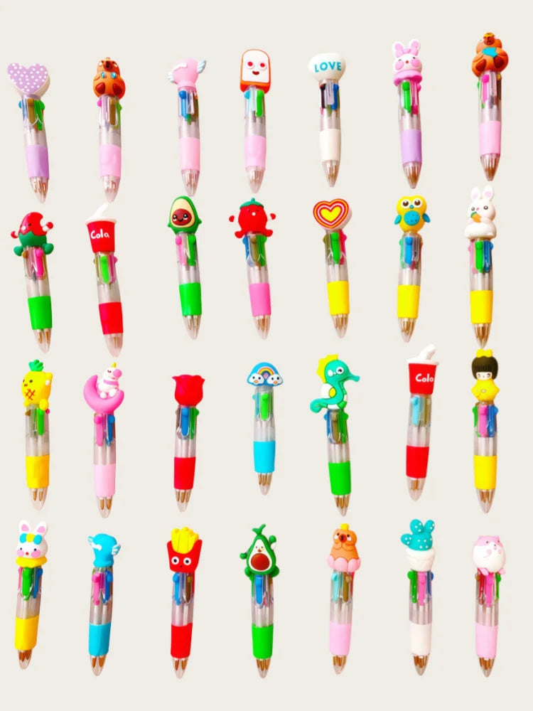 A collection of colorful kawaii ballpoint pens in various designs and colors suitable for party favors or classroom prizes.