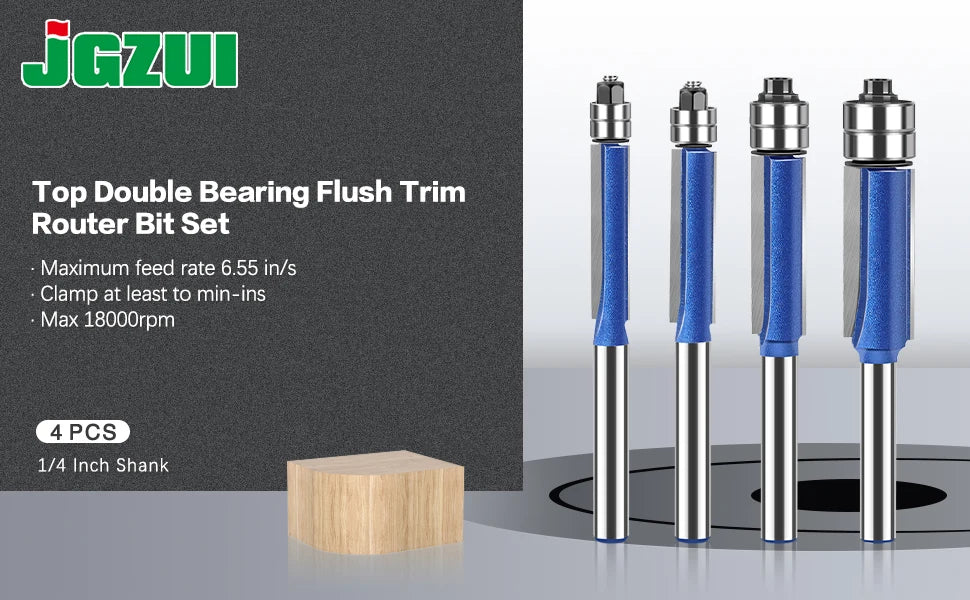 Flush Trim Router Bits with Dual Bearings – Set of 4 Sizes