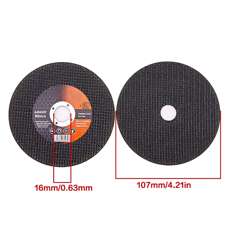 Two black metal cutting discs for angle grinders, measuring 107mm in diameter.