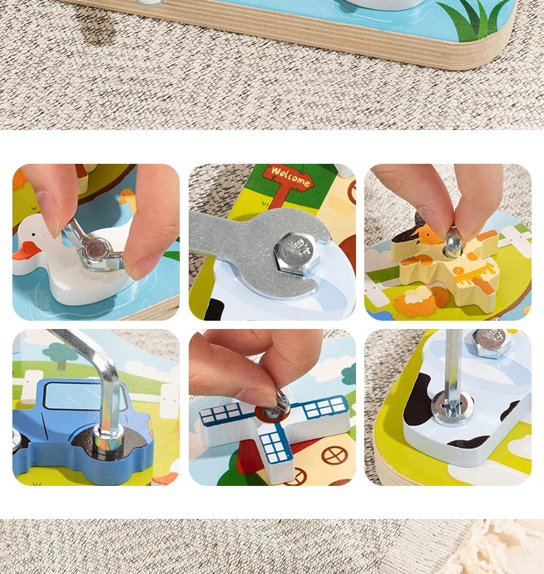 A set of wooden farm animal assembly toys featuring various animals, a screwdriver, and a wrench.