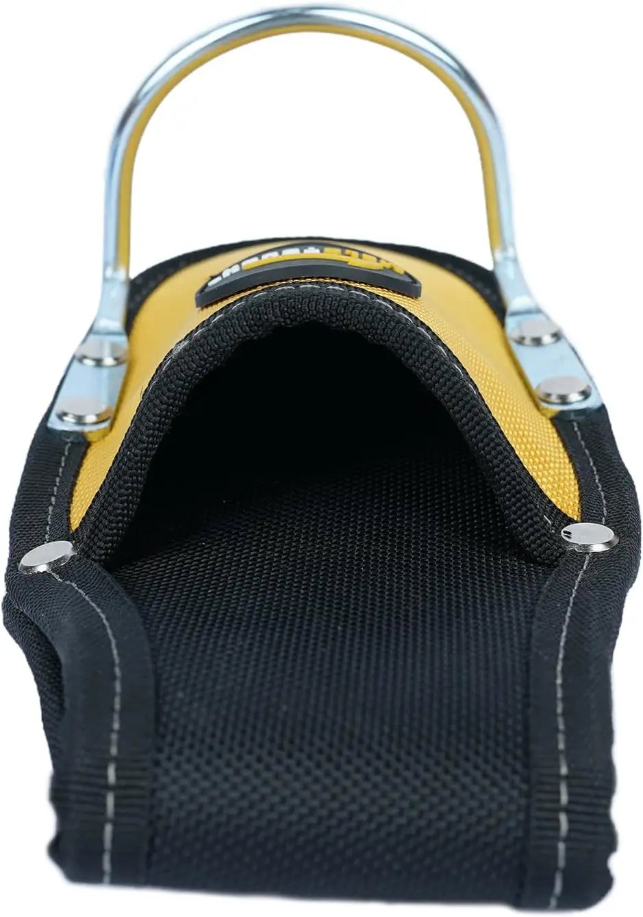 Black and yellow heavy-duty plier holster with a hammer loop for work belts