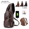 A brown microfiber PU crossbody sling bag with a USB port and multiple color options is displayed.