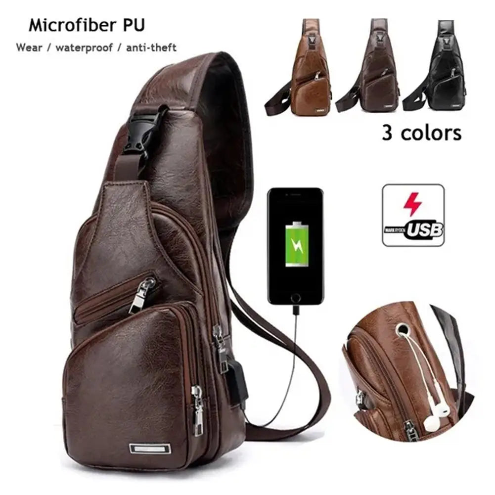 A brown microfiber PU crossbody sling bag with a USB port and multiple color options is displayed.
