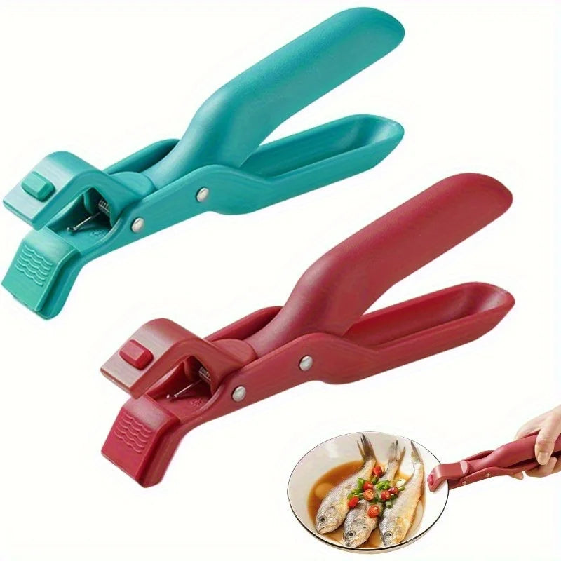 Two heat-resistant silicone bowl and plate gripper clips in teal and red, shown with a fish being gripped.