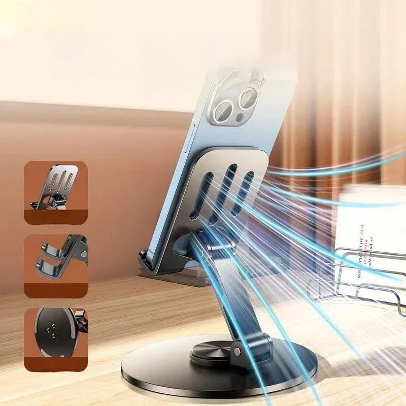 Sujetador de teléfono giratorio plateado de 360 grados en un escritorio, mostrando su capacidad para sostener un smartphone v