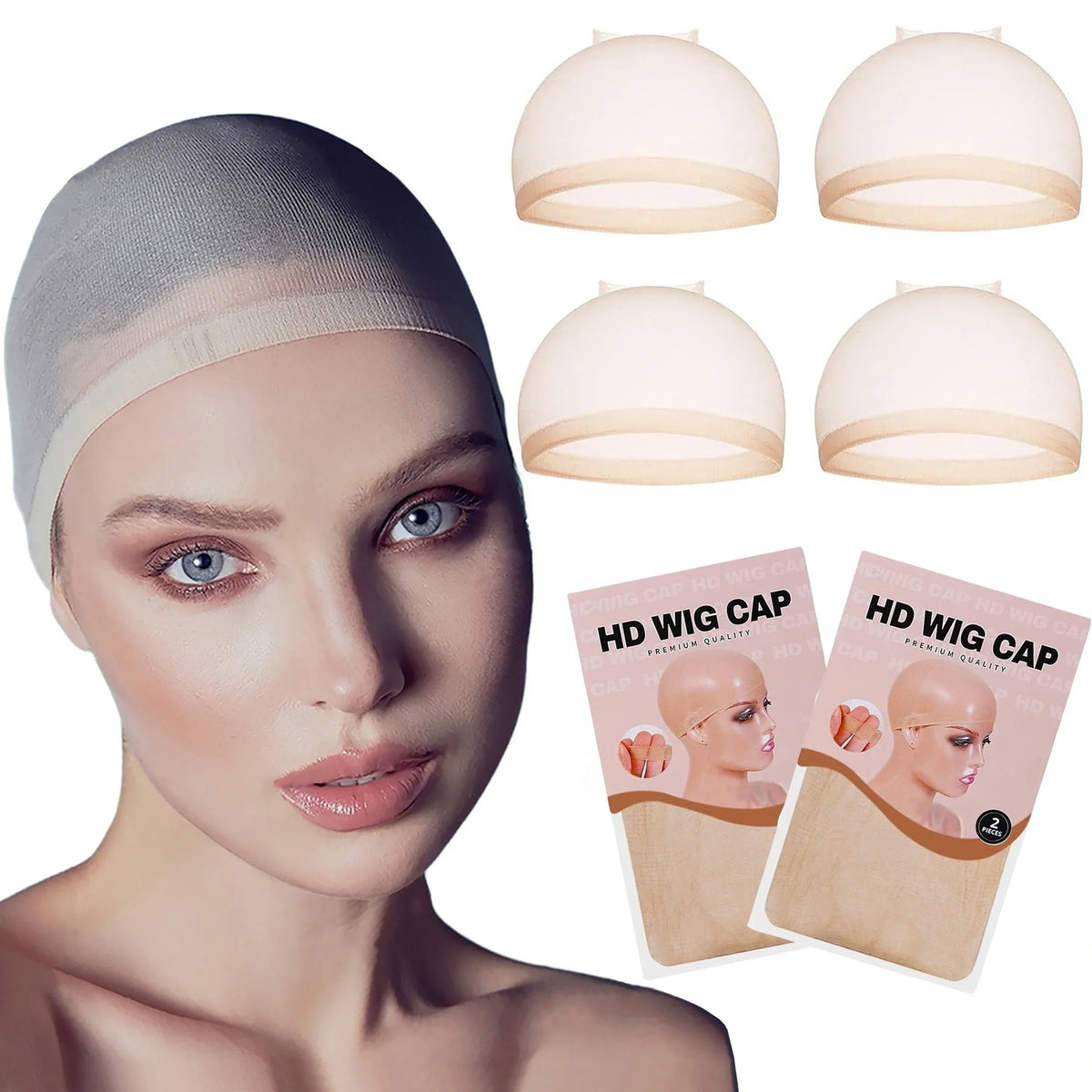 A woman models a sheer gray wig cap and several white dome-shaped wig caps with wooden rims.