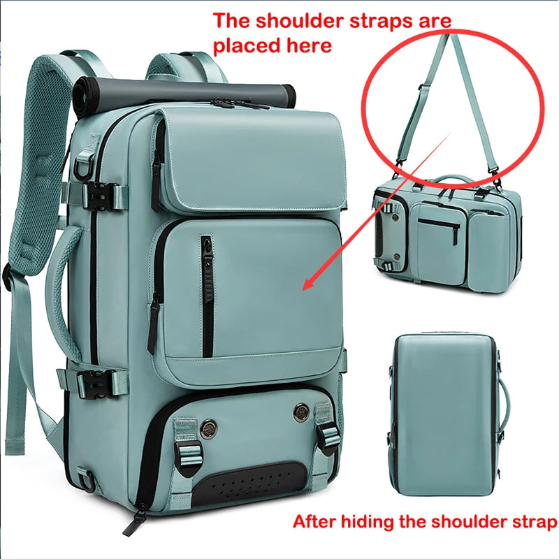 A light blue travel laptop backpack showing how to hide the shoulder strap and a separate shoe bag.