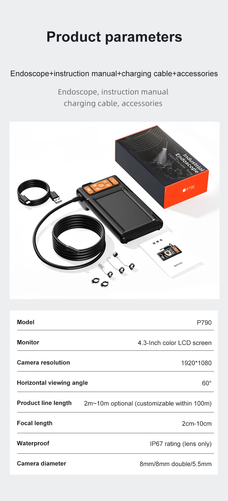 An industrial endoscope camera kit including a monitor, instruction manual, charging cable, and accessories.