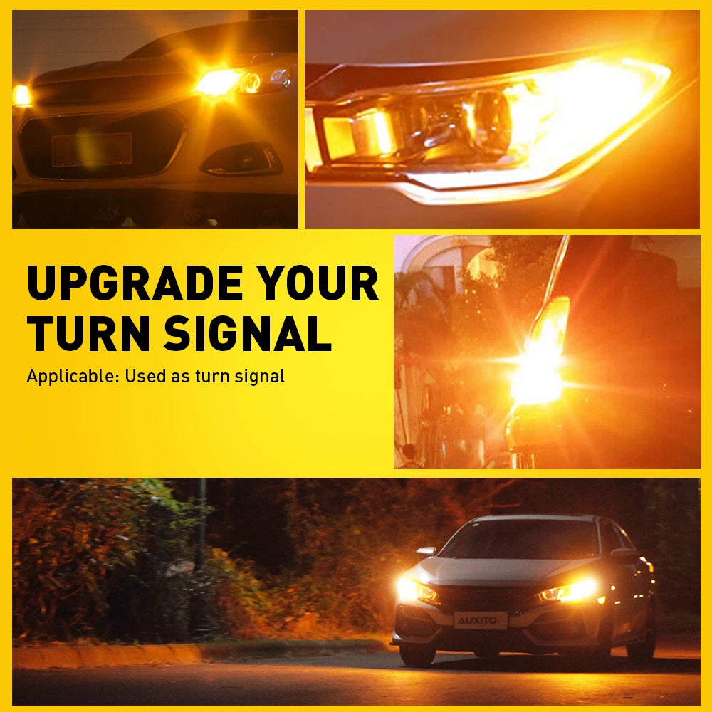 Close-up images showing an upgraded amber LED turn signal light on a vehicle's headlight.