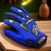 A pair of blue and black full finger nylon riding gloves resting on a wooden surface.