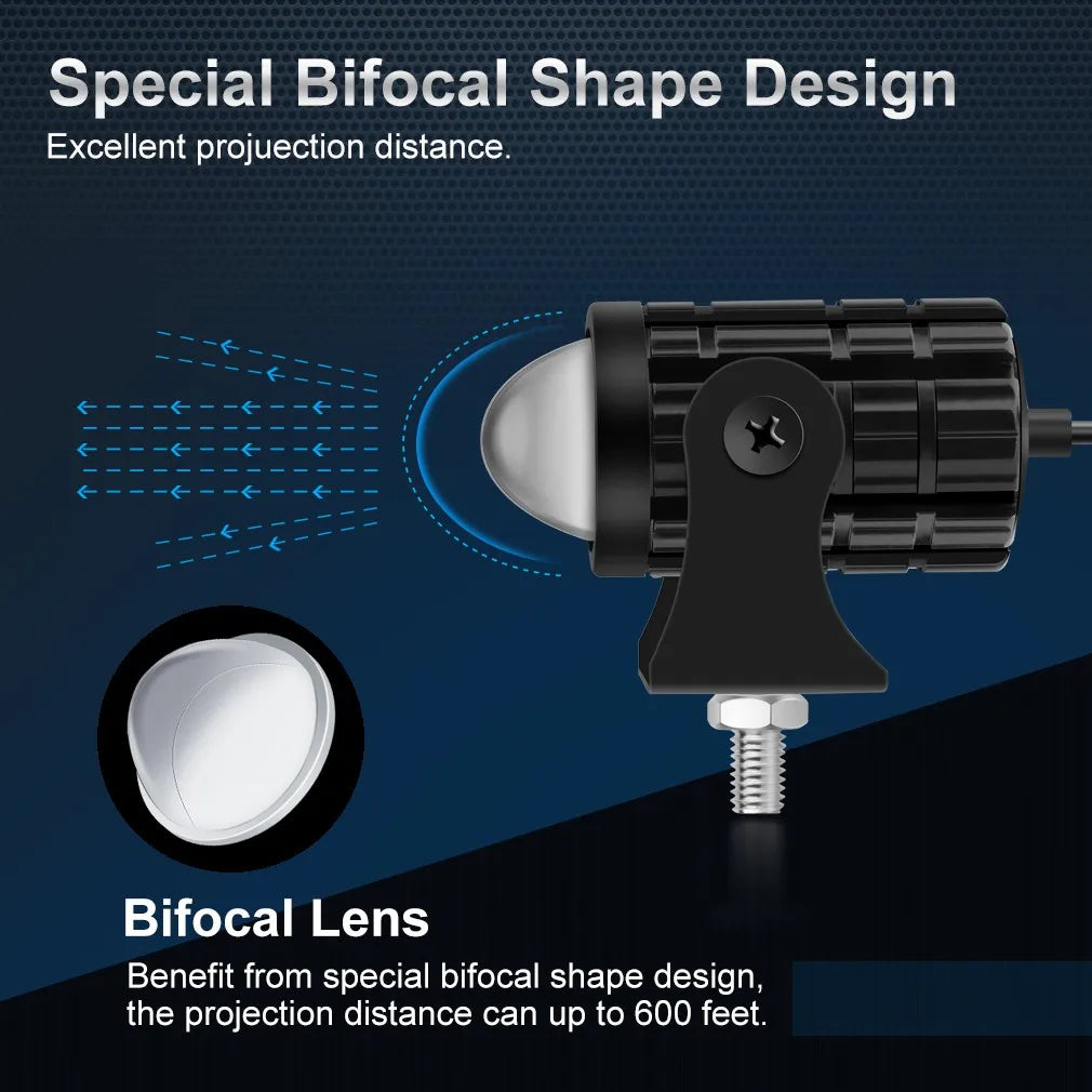 A close-up view of a black dual-color LED auxiliary fog light with a special bifocal lens design.