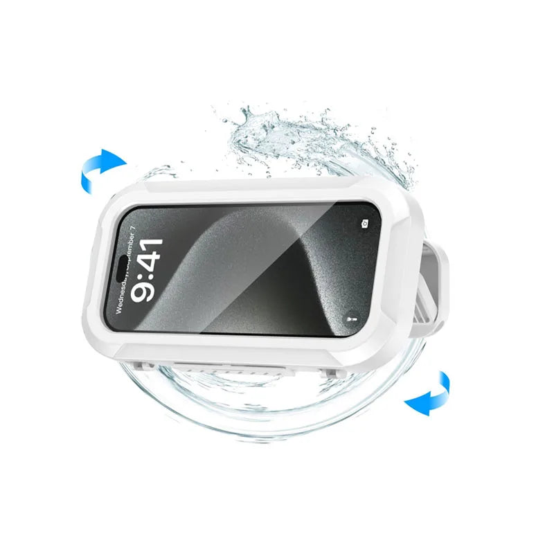 A white waterproof phone holder with a touch screen displaying 9:41 is shown being splashed by water.