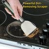 A hand uses a powerful dirt-removing scraper to clean a stovetop surface.