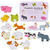 A set of two-piece animal shapes puzzle featuring various farm animals and vehicles like a pig, horse, and duck.