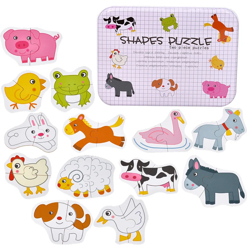 A set of two-piece animal shapes puzzle featuring various farm animals and vehicles like a pig, horse, and duck.