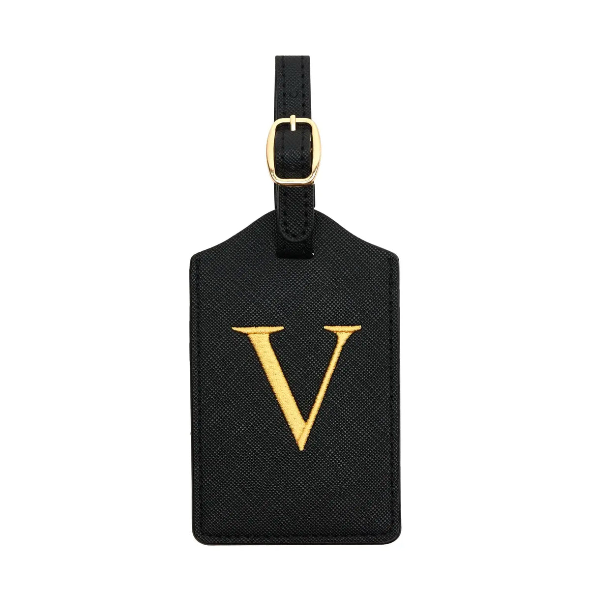 Black PU leather luggage tag with a gold letter V and a gold ring attachment